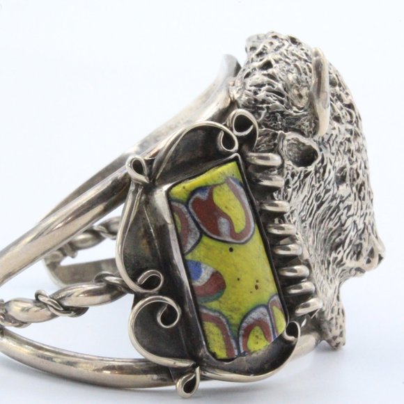 Rare! Gary Edwards Navajo Sterling Silver Trade Beads Buffalo Head Cuff Bracelet - Picture 4 of 11